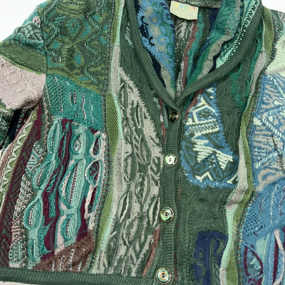 Coogi Grandpa Sweater Cardigan 3D Cable Knit Chunky 90's Multi Colored Women's M - Picture 3 of 15